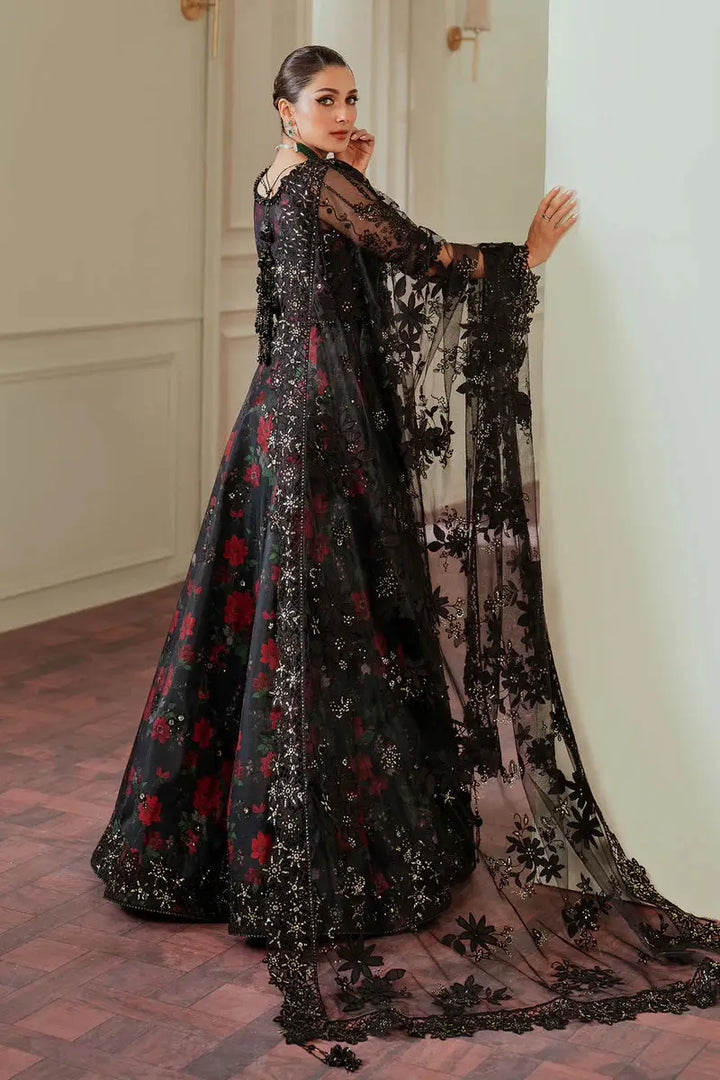 Back view of Rangreza 3 Piece embroidered net frock AL-4199 with floral dupatta and intricate detailing, ideal for ceremonial wear.