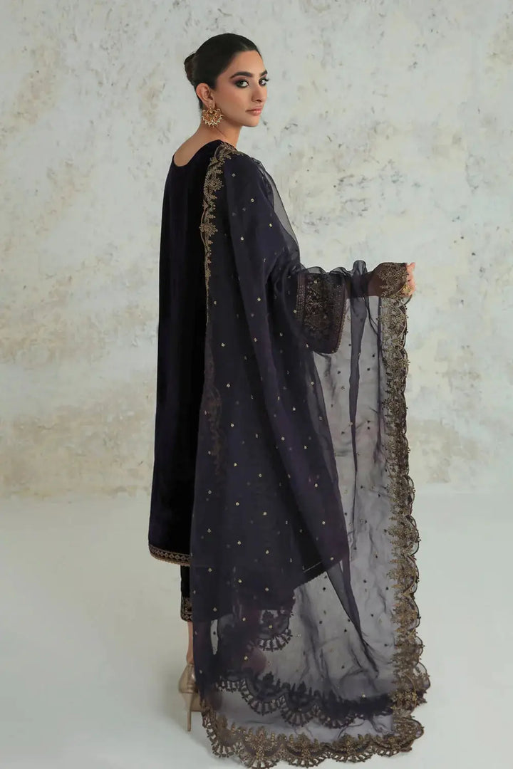 Back view of Embroidered Velvet SF-239 showing the full length of the embroidered organza dupatta and velvet shirt design.