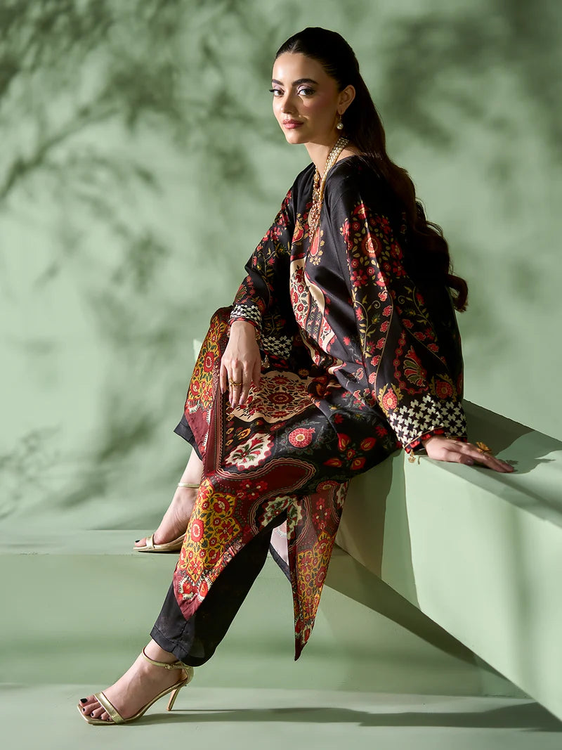 Rangreza Black Printed Silk 2-Piece Kaftan – EA-87-04