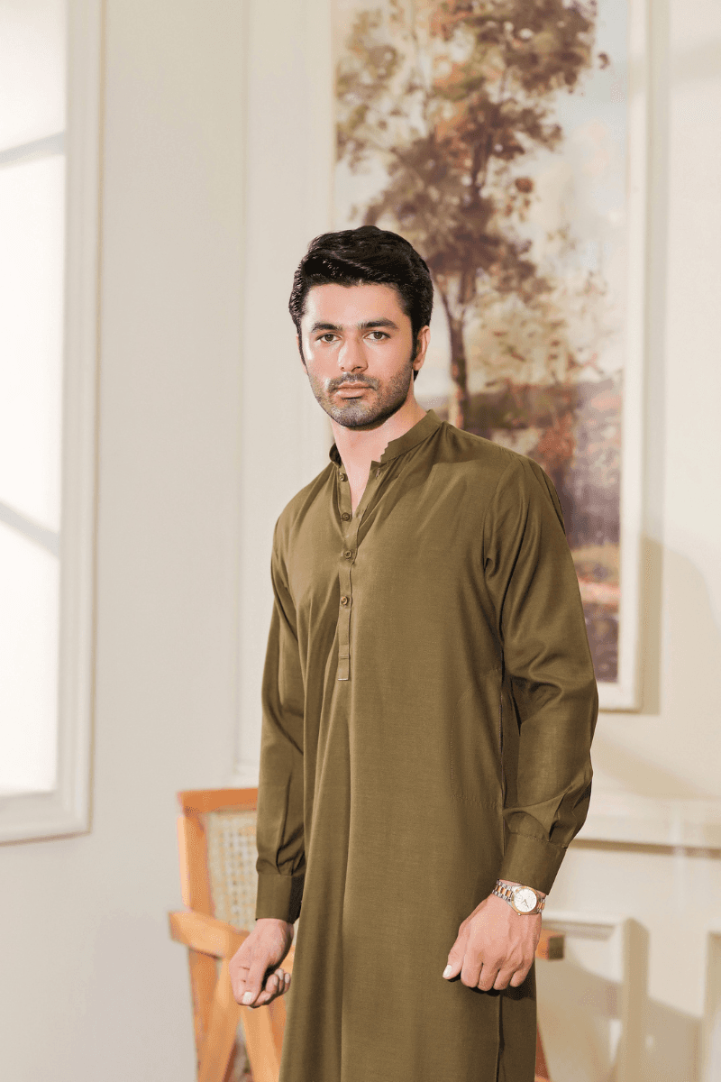 Exclusive Green - Mens Shalwar Kameez Blended Fabric MA-103 shown in a close-up front pose highlighting the collar and button details of the kameez.
