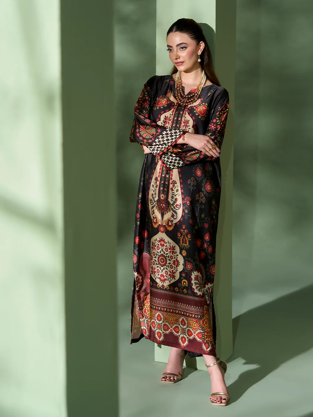 Rangreza Black Printed Silk 2-Piece Kaftan – EA-87-04