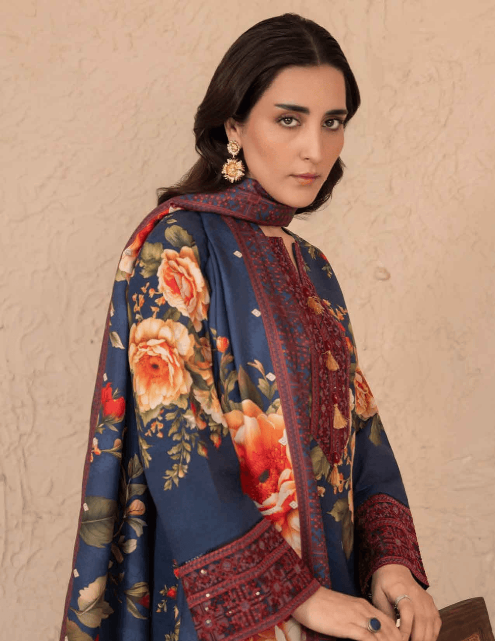 Close-up of RANGREZA ML-197-5404 winter suit showing detailed embroidery on neckline and floral Khaddar fabric, ideal for festive wear in the USA.