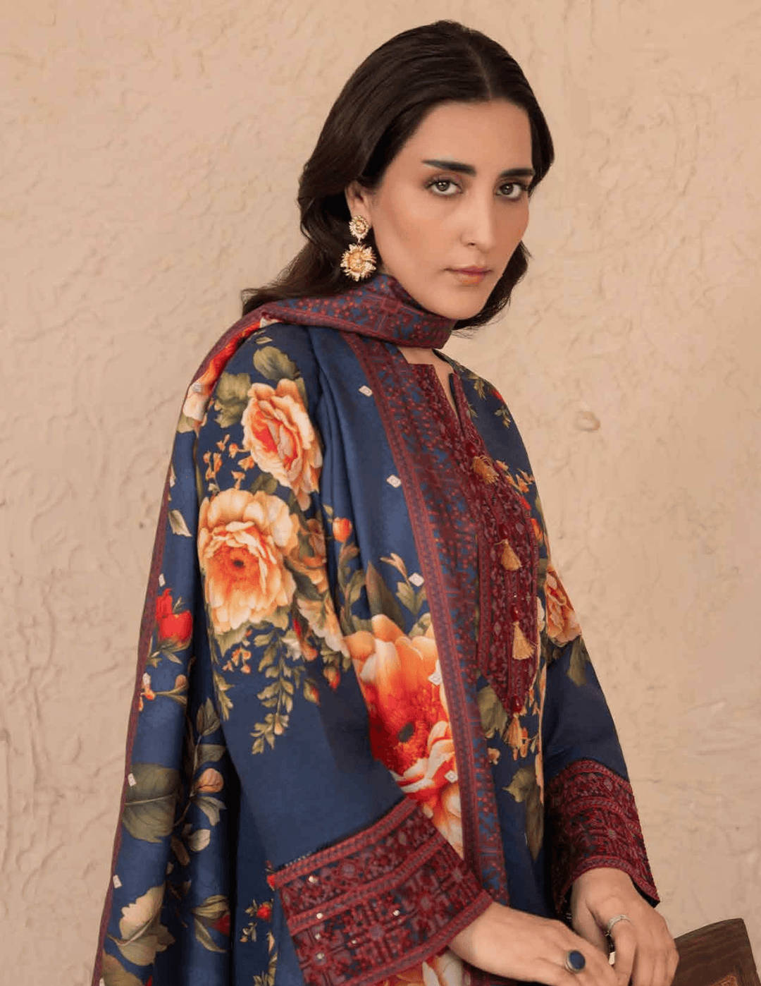 Close-up of RANGREZA ML-197-5404 winter suit showing detailed embroidery on neckline and floral Khaddar fabric, ideal for festive wear in the USA.