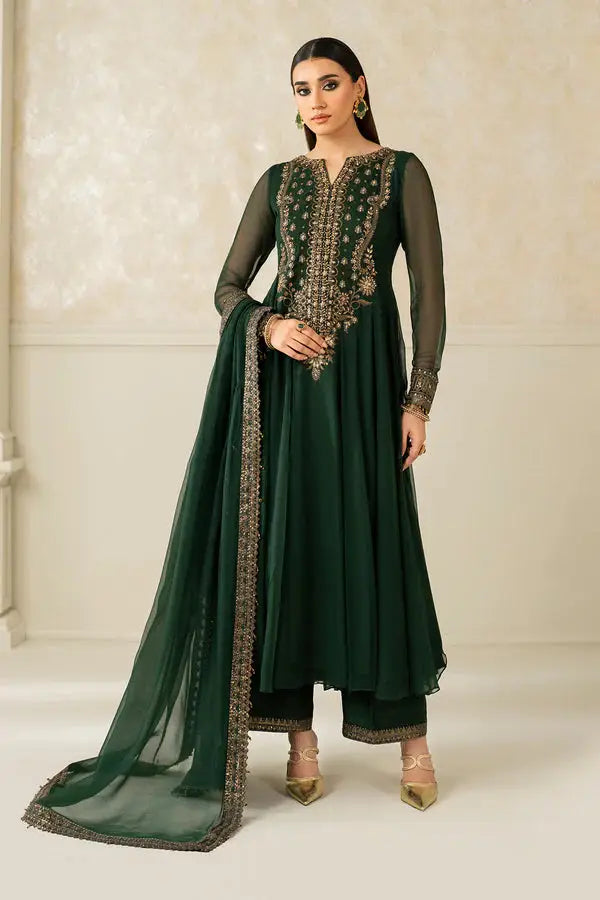 Baroque Embroidered Chiffon Outfit - PR-1140-200 featuring a dark green frock with gold embroidery, paired with matching dupatta and trousers.