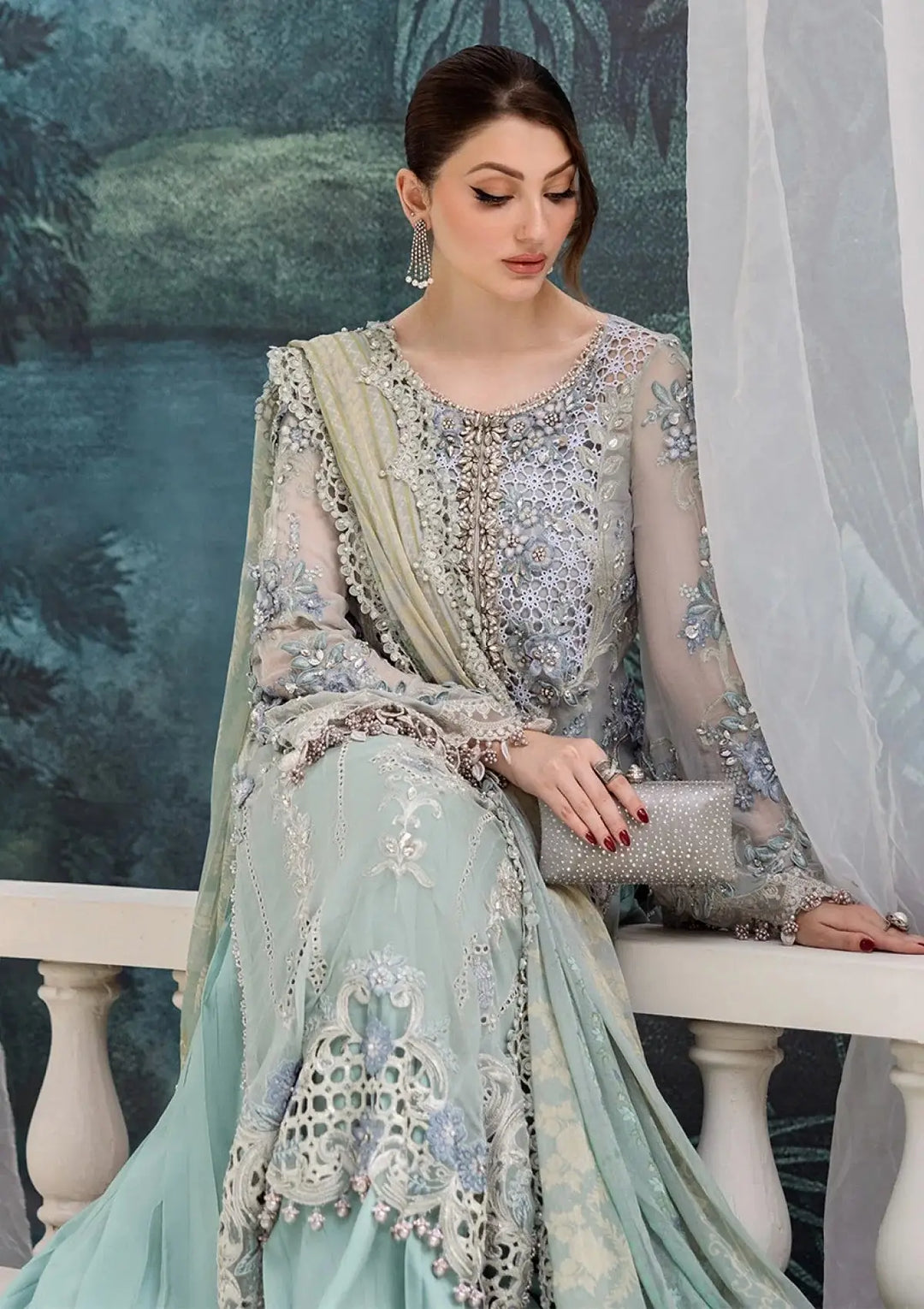 Elegant RANGREZA AL-4354 3-piece Pakistani outfit with intricate floral embroidery on chiffon shirt and matching dupatta, ideal for formal wear.