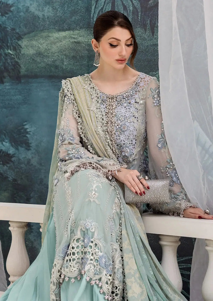 Elegant RANGREZA AL-4354 3-piece Pakistani outfit with intricate floral embroidery on chiffon shirt and matching dupatta, ideal for formal wear.