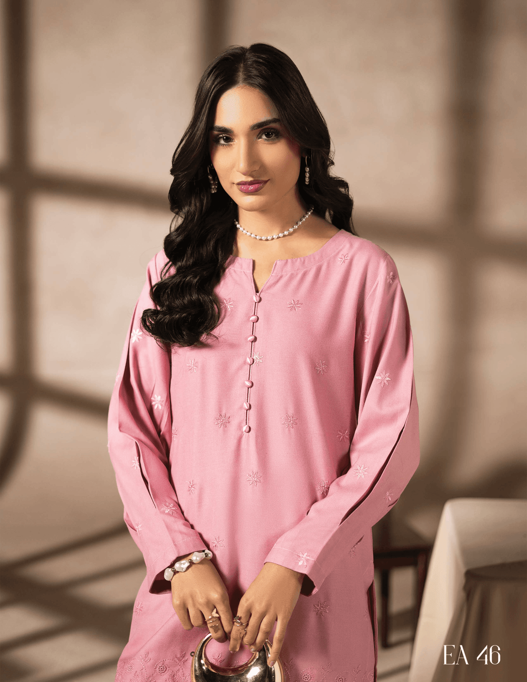 Close-up of RANGREZA EA-46-3801 pink embroidered shirt with button detailing, a chic choice for Pakistani two piece suits online shopping.