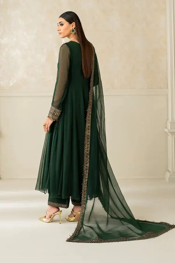 Back view of Baroque Embroidered Chiffon Dress PR-1140-200 showcasing flowing chiffon dupatta and elegant frock silhouette in deep green.