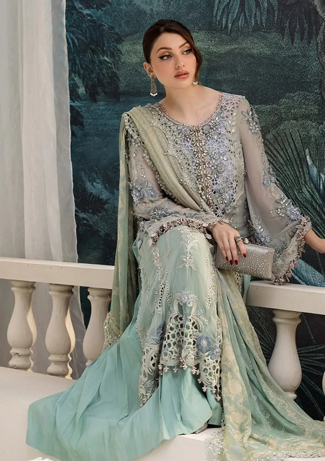 RANGREZA AL-4354 traditional Pakistani dress in pastel blue with detailed embellishments, chiffon dupatta, and satin bottom for women.