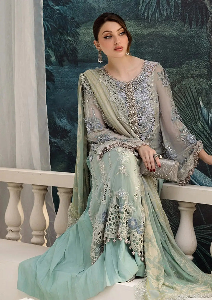 RANGREZA AL-4354 traditional Pakistani dress in pastel blue with detailed embellishments, chiffon dupatta, and satin bottom for women.