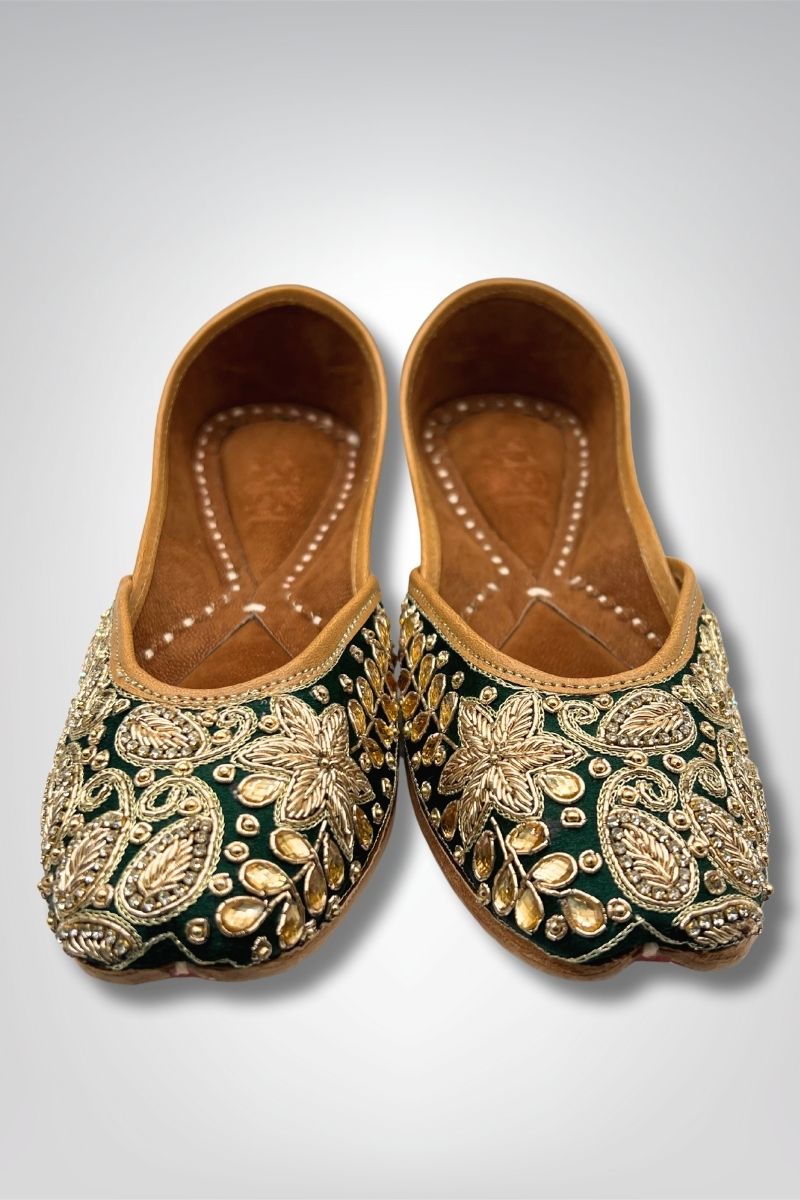 Front view of Gul Green Khussa featuring intricate gold threadwork and embellishments on a rich velvet silk base, perfect for ethnic outfits.