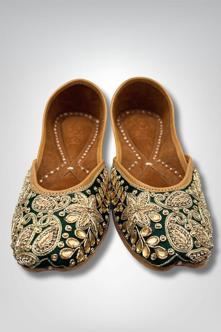 Front view of Gul Green Khussa featuring intricate gold threadwork and embellishments on a rich velvet silk base, perfect for ethnic outfits.