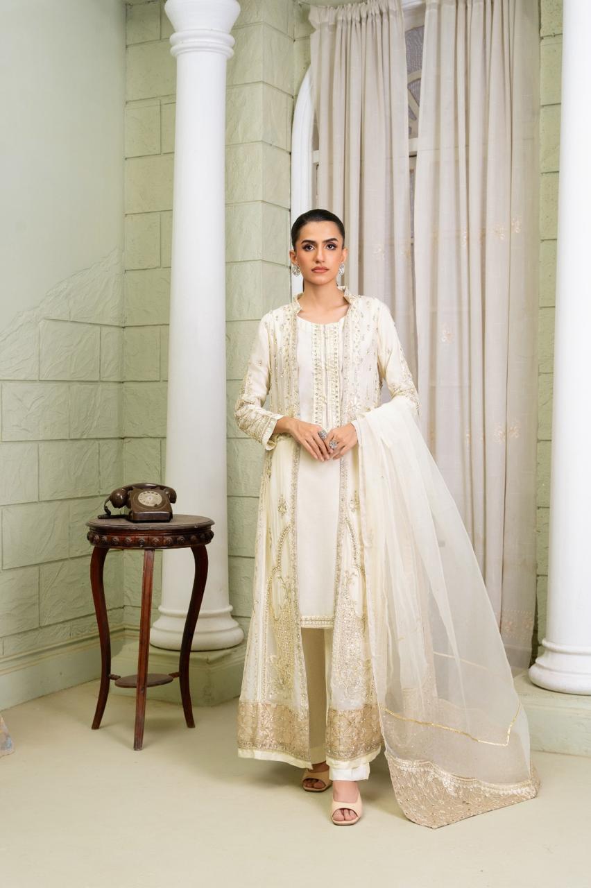 Elegant off-white embroidered gown set with dupatta