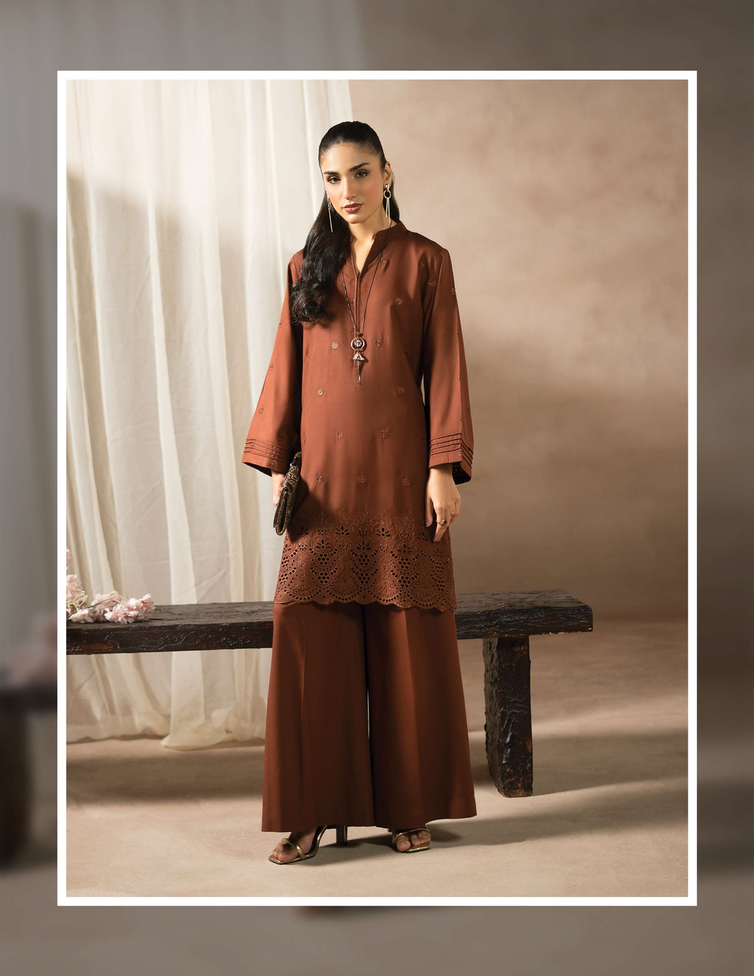 RANGREZA EA-51-3806 brown Dhanak two piece set with embroidered kurta and wide-leg trousers, ideal for winter daily wear.