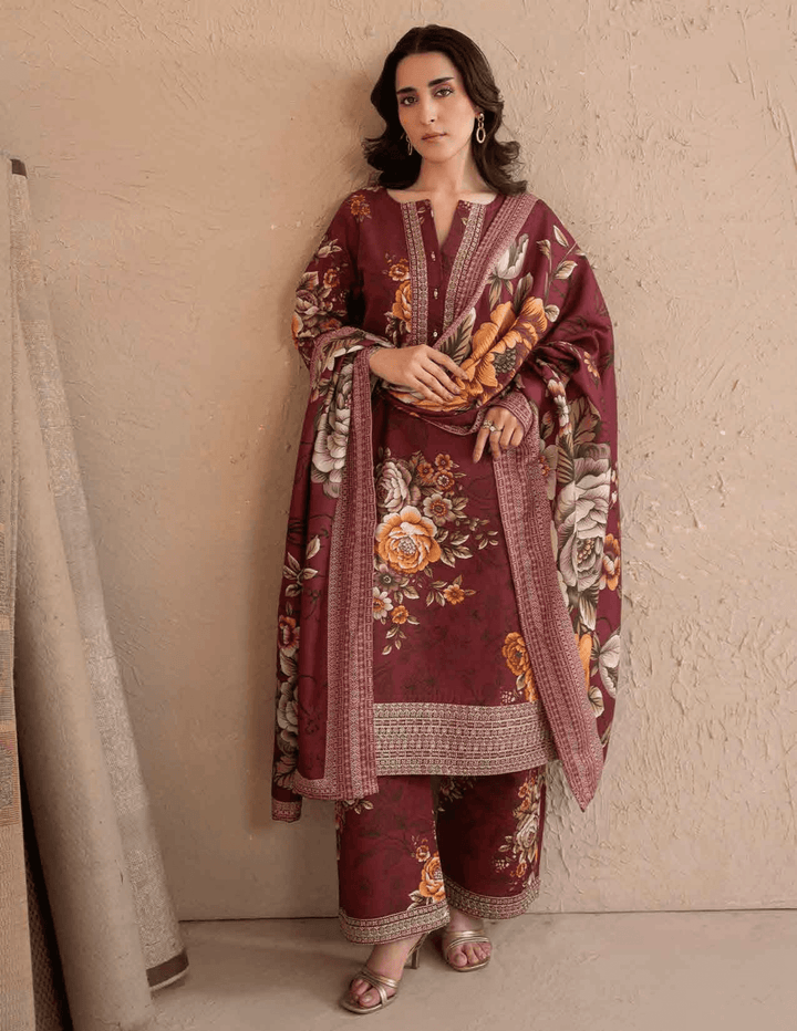 RANGREZA ML-196-5403 ready made Pakistani winter suit with maroon floral embroidered khaddar shirt, culottes, and herringbone dupatta.