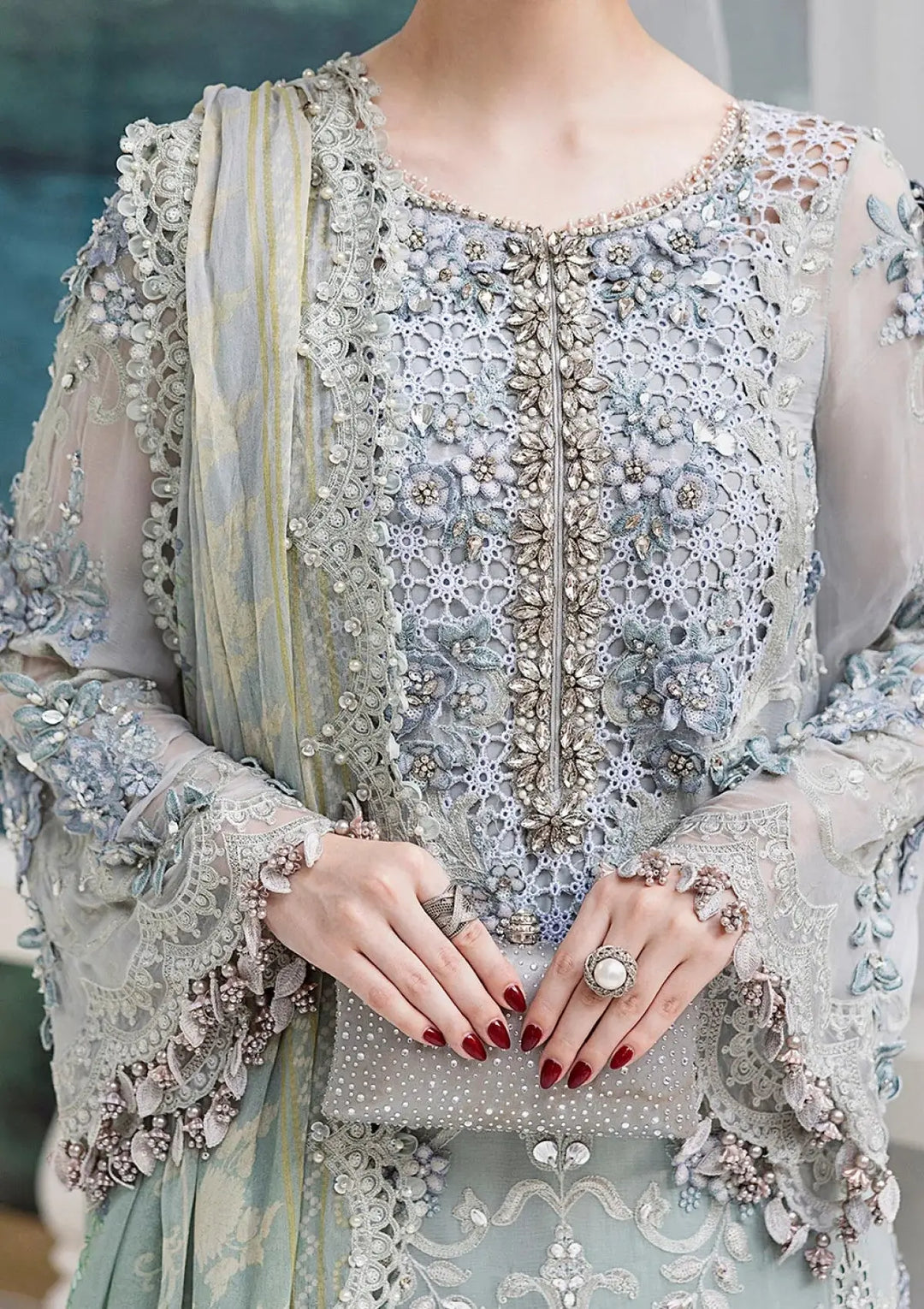 Close-up of RANGREZA AL-4354 showcasing delicate beadwork and floral embroidery on chiffon shirt, part of a 3-piece Pakistani women's clothing set.