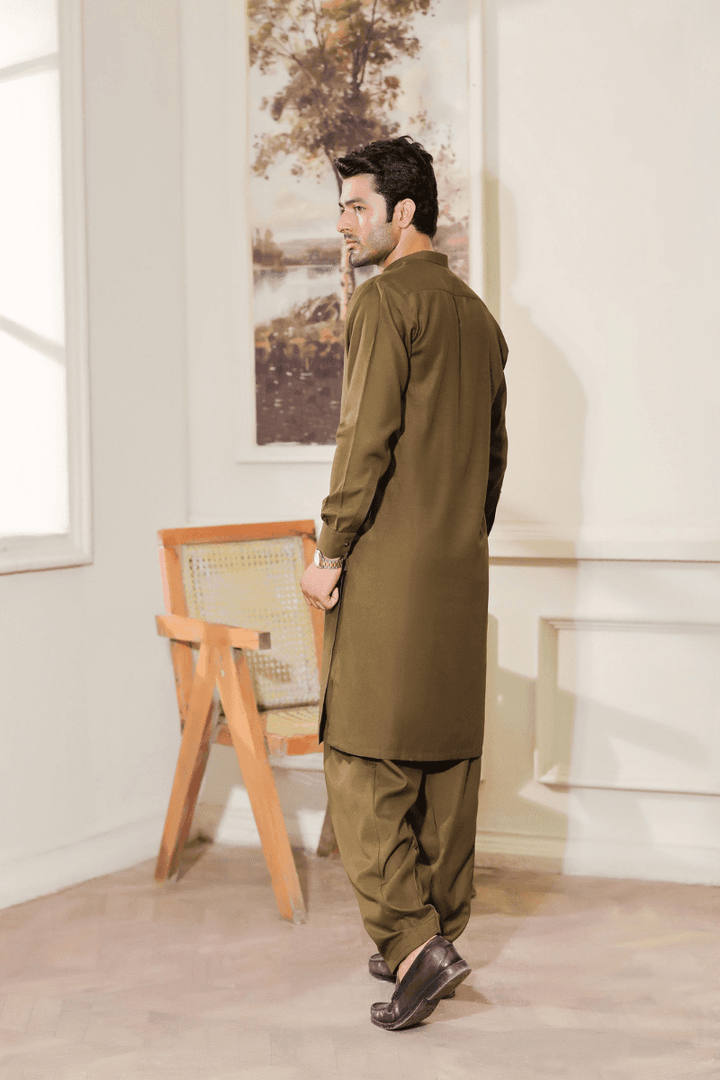Exclusive Green - Mens Shalwar Kameez Blended Fabric MA-103 displayed from the back, emphasizing the clean stitching and tailored silhouette.