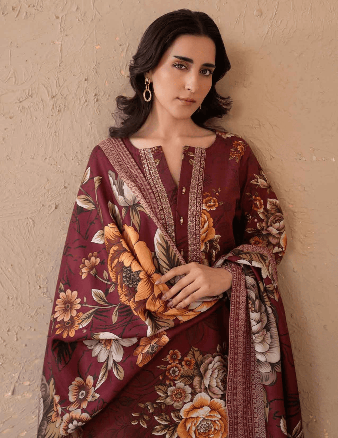 Close-up of RANGREZA ML-196-5403 3 piece winter suit showcasing detailed floral embroidery on khaddar fabric with matching dupatta.