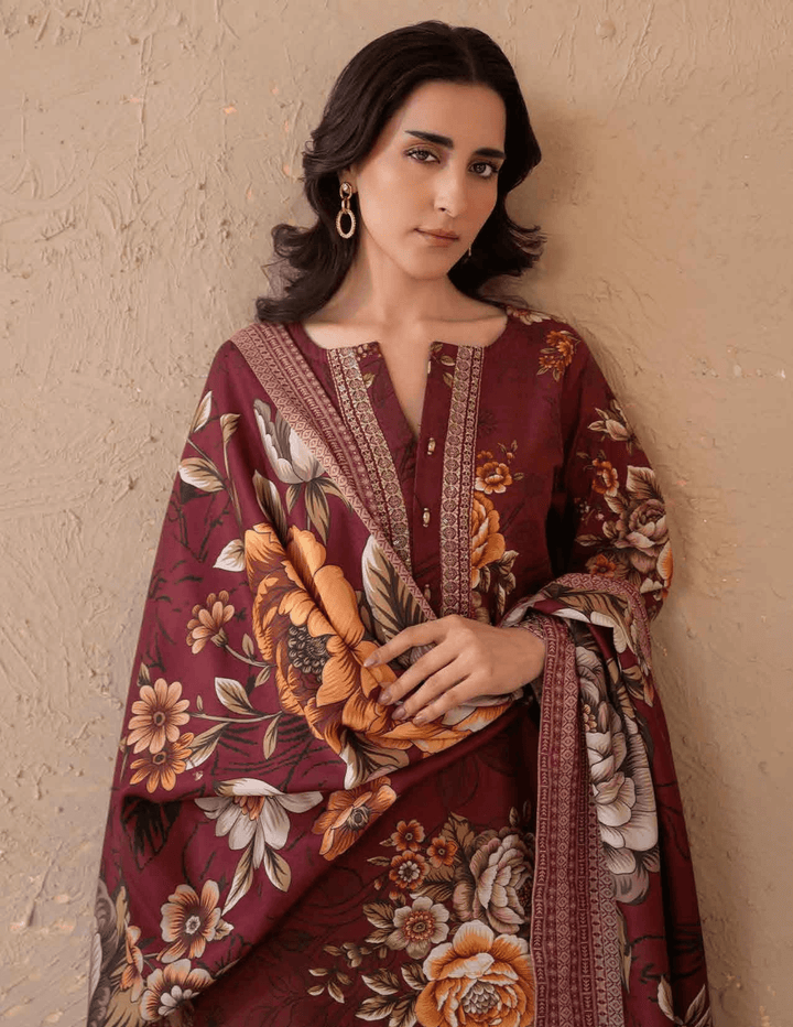 Close-up of RANGREZA ML-196-5403 3 piece winter suit showcasing detailed floral embroidery on khaddar fabric with matching dupatta.