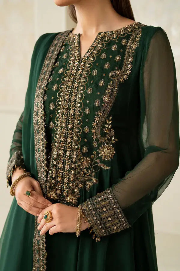Close-up of Baroque Embroidered Chiffon Outfit PR-1140-200 showing detailed gold threadwork on neckline and sleeves of the green frock.