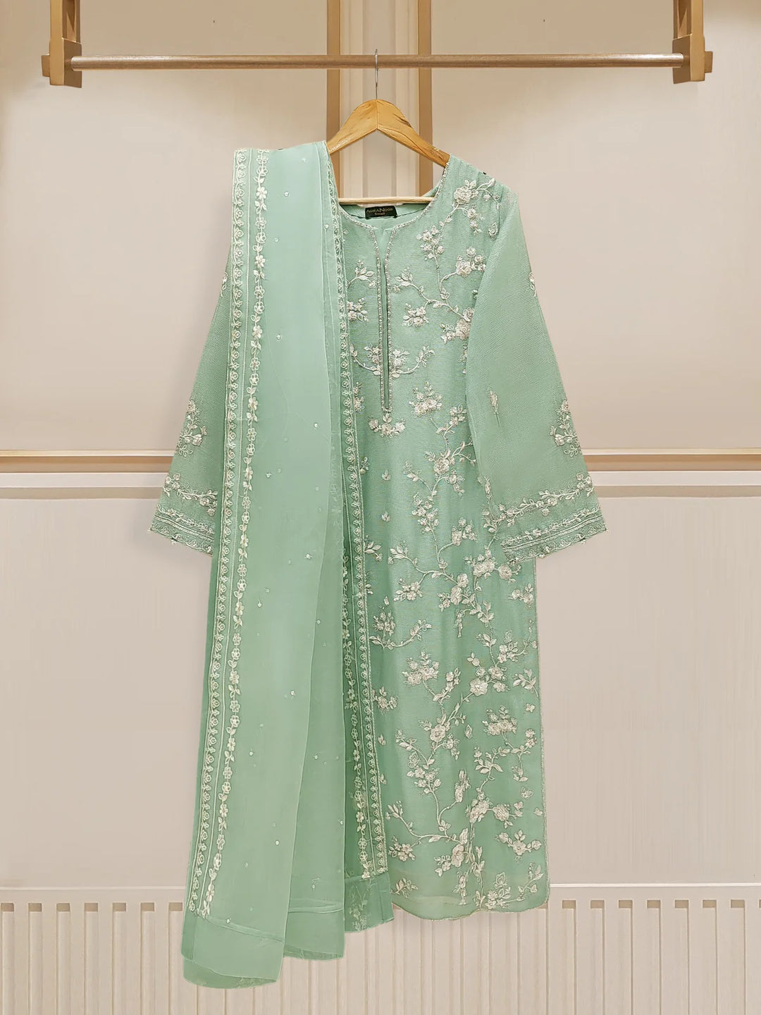 Agha Noor embroidered suit with dupatta, cotton net fabric