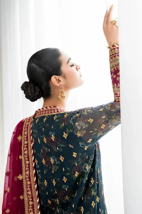 Elegant back view of BAROQUE EMBROIDERED SF-689-200 with sheer floral chiffon and maroon dupatta, perfect for formal Pakistani designer wear.