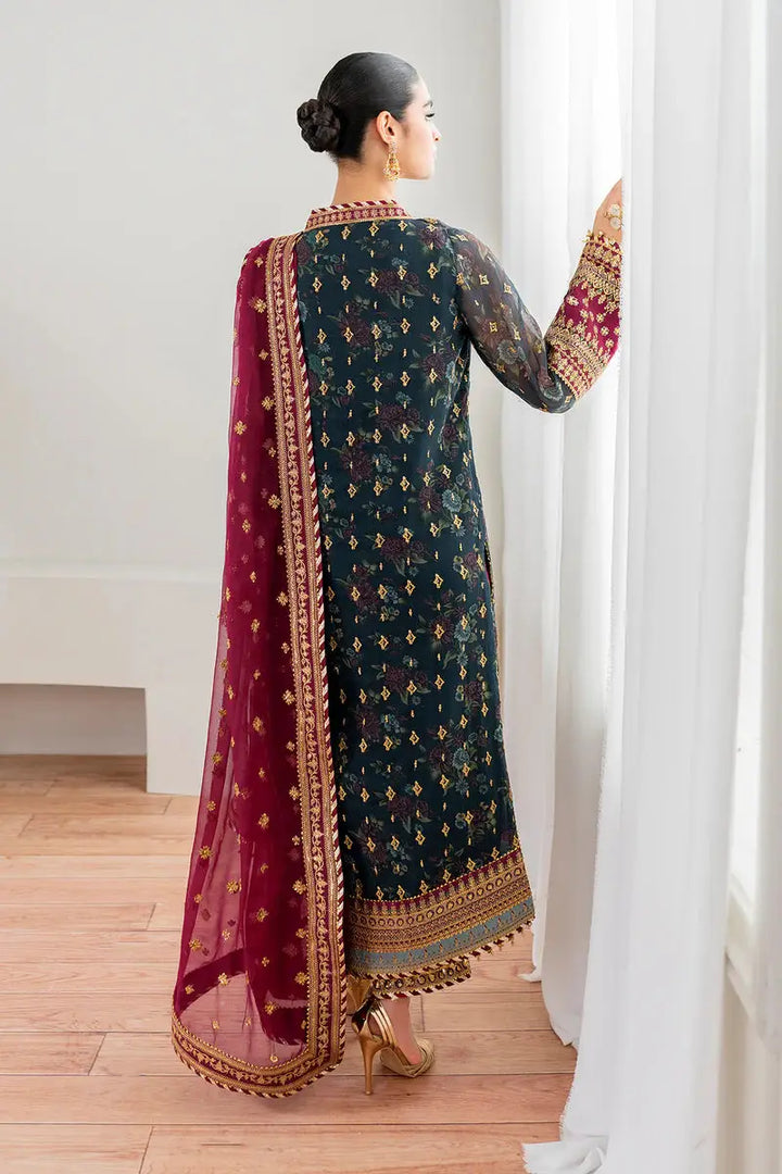 Back view of BAROQUE EMBROIDERED SF-689-200 designer outfit featuring floral chiffon shirt and embroidered maroon dupatta in Pakistani formal wear.