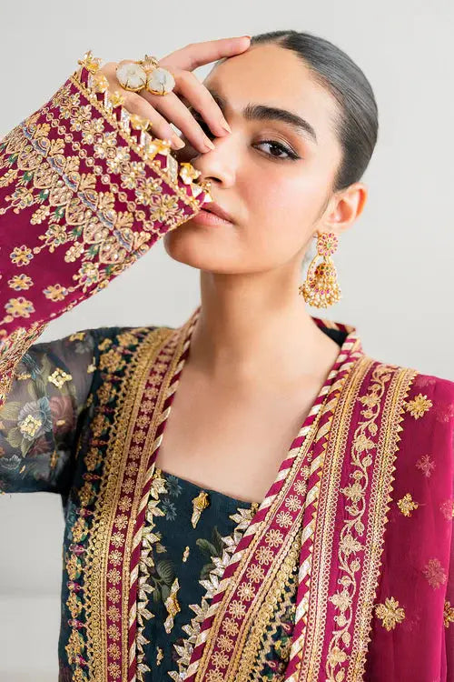 Detailed embroidery on sleeve and neckline of BAROQUE EMBROIDERED SF-689-200, showcasing luxury Pakistani fashion with digital prints and gold threadwork.