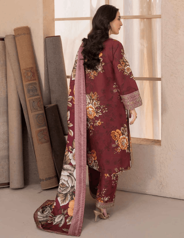 Back view of RANGREZA ML-196-5403 Pakistani winter suit featuring floral motifs on maroon khaddar shirt and culottes with long printed dupatta.