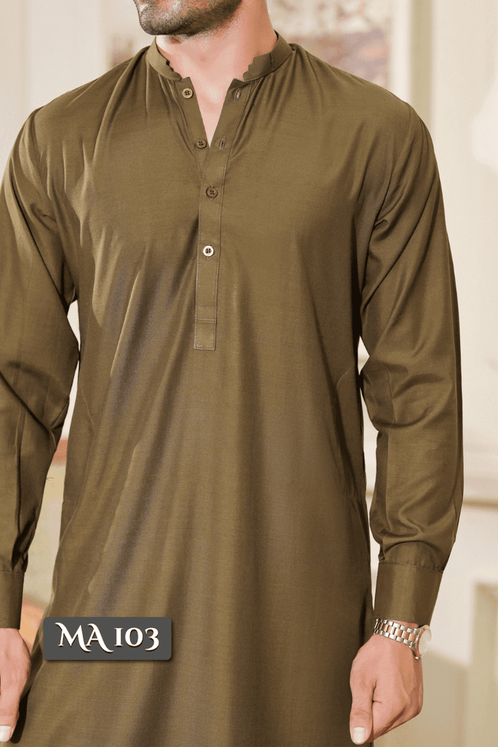 Exclusive Green - Mens Shalwar Kameez Blended Fabric MA-103 close-up of chest area showing button placket and fine stitching with product code MA-103.
