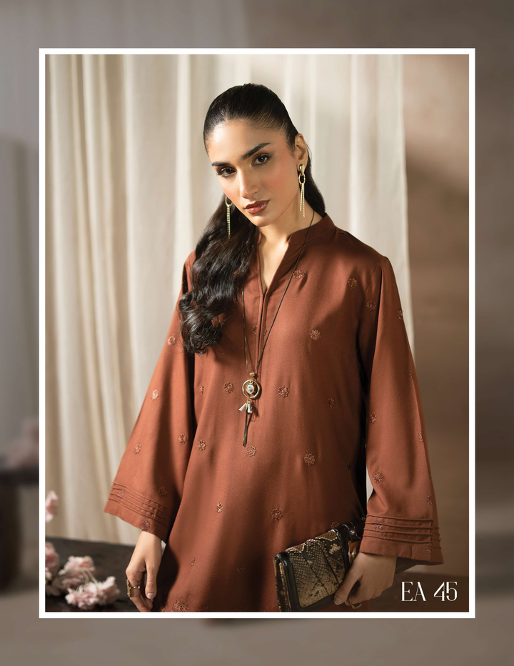 Close-up of RANGREZA EA-51-3806 brown embroidered kurta with V-neck and long sleeves, styled for elegant winter fashion.