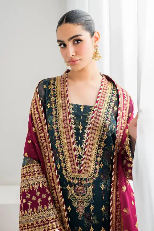 Model wearing BAROQUE EMBROIDERED SF-689-200 with ornate neckline and maroon dupatta, ideal for premium Pakistani designer clothing collections.