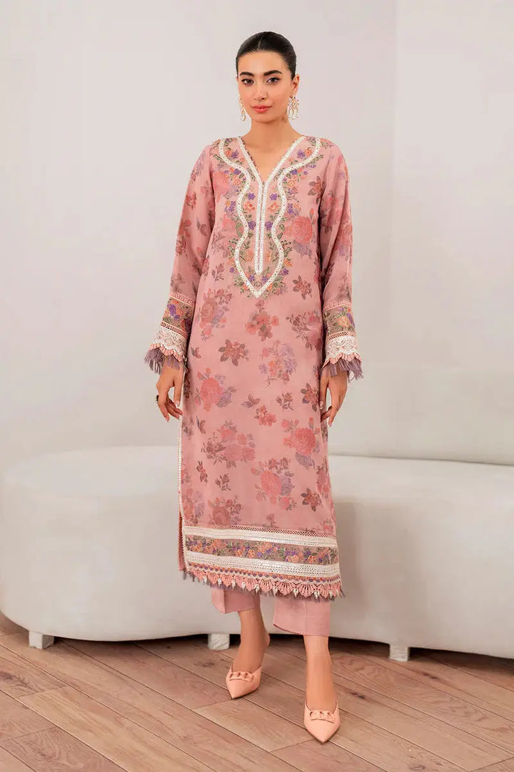 Front view of EMBROIDERED CHIFFON-SF-705 pink embroidered chiffon shirt with floral motifs, lace detailing, and dyed silk trousers.