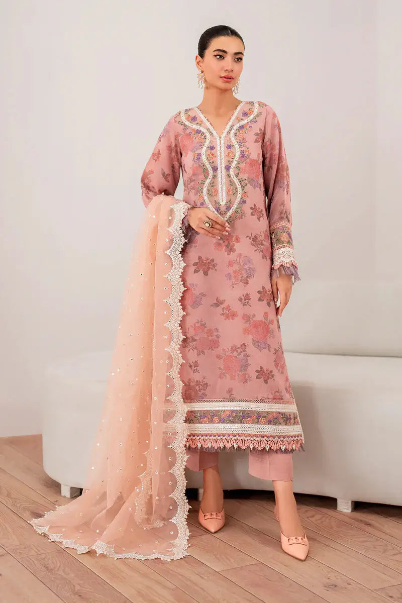 EMBROIDERED CHIFFON-SF-705 pink chiffon suit featuring floral embroidery, lace-trimmed neckline, and matching dupatta in traditional attire.