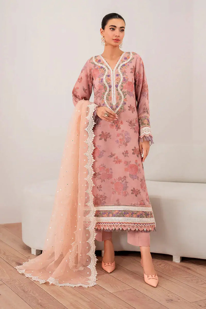 EMBROIDERED CHIFFON-SF-705 pink chiffon suit featuring floral embroidery, lace-trimmed neckline, and matching dupatta in traditional attire.