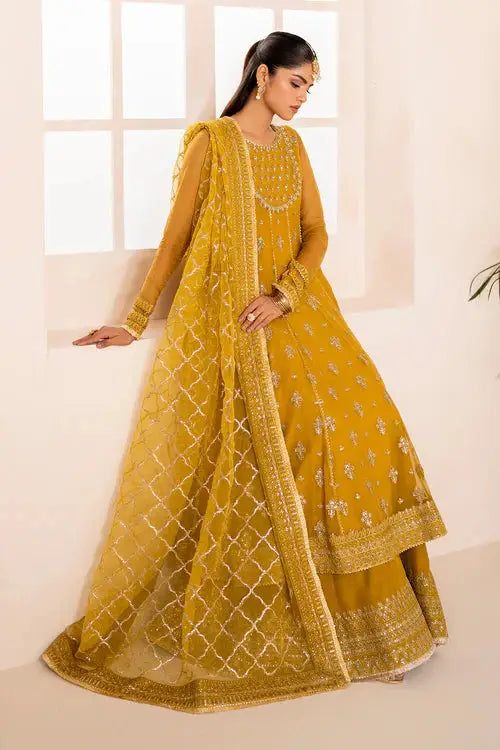 Elegant mustard Baroque chiffon ensemble with embroidered shirt, wide pants, and organza dupatta, perfect for festive wear.