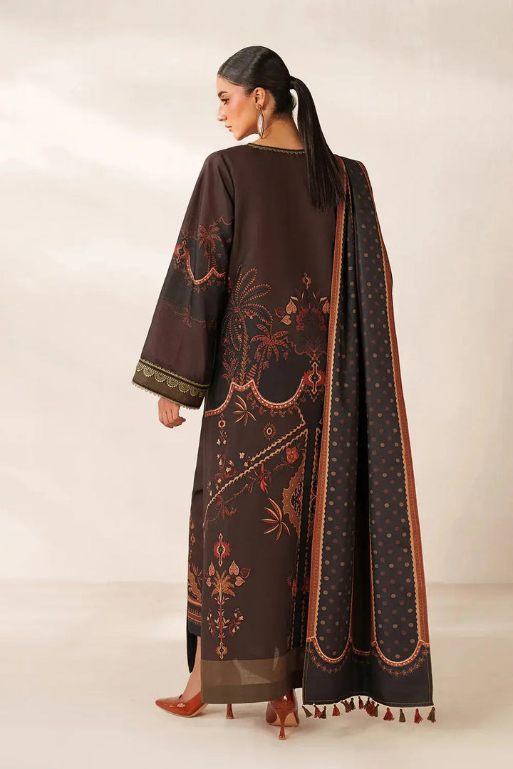 Back view of digital printed viscose outfit with embroidery and border details