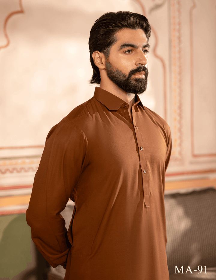 Close-up of RANGREZA MA-91 Rust Kameez Shalwar showcasing collar and fabric texture, perfect for festive Pakistani menswear.