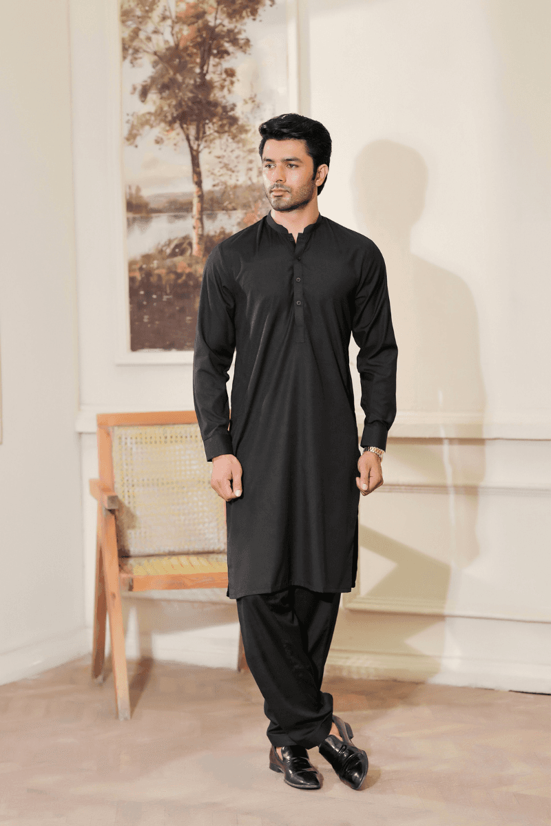 Buy Exclusive - Black Kameez Shalwar Blended Ban Collar MA-104 featuring a sleek traditional design in premium fabric, ideal for formal wear.