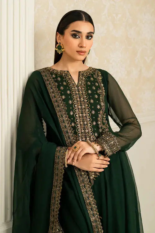 Front pose of Baroque Embroidered Chiffon Dress PR-1140-200 highlighting neckline embellishments and matching accessories in green and gold.