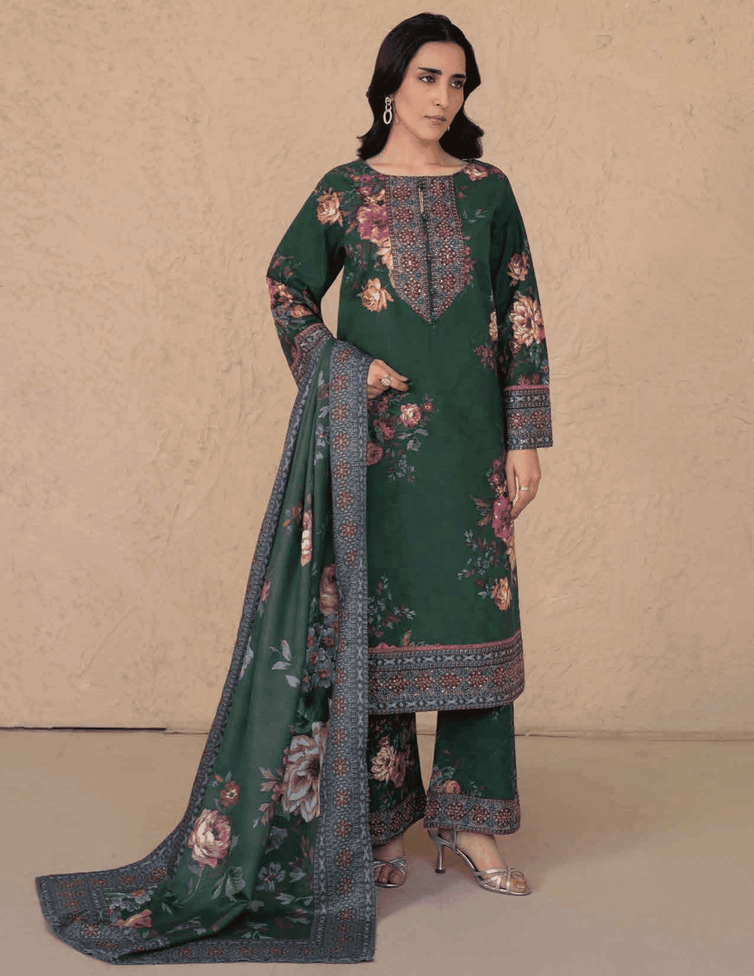 RANGREZA ML-195-5401 3 piece bottle green Pakistani winter wear with floral kurta, bell-bottom pants, and printed shawl, front view.