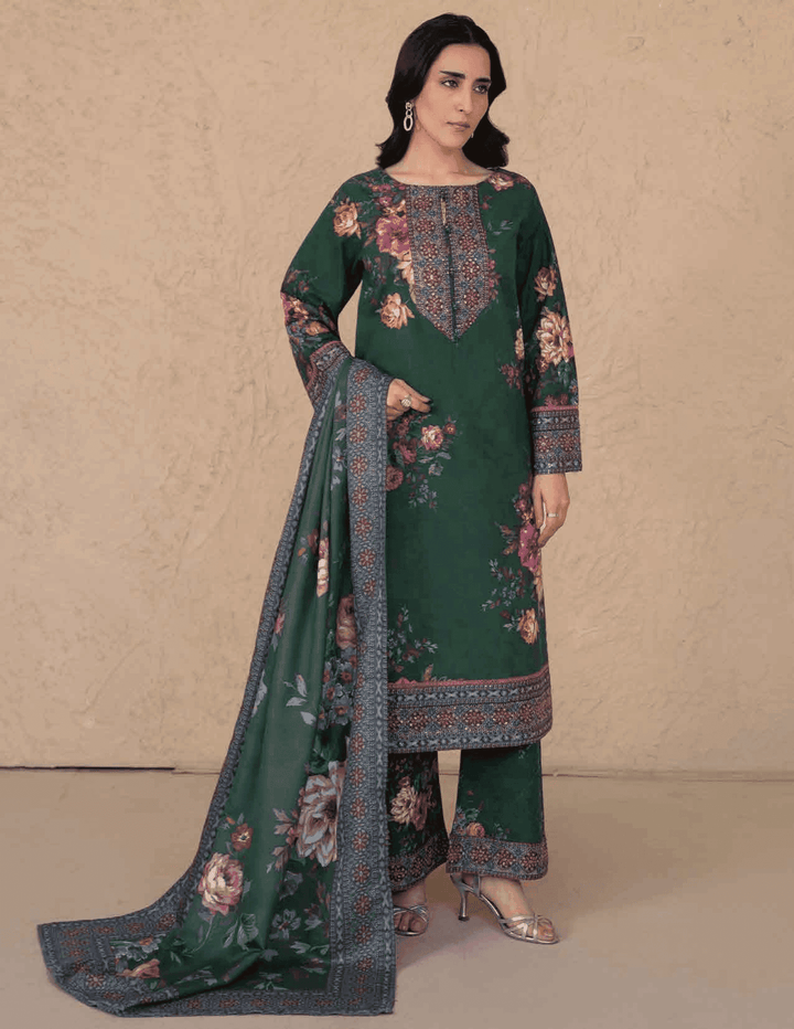 RANGREZA ML-195-5401 3 piece bottle green Pakistani winter wear with floral kurta, bell-bottom pants, and printed shawl, front view.