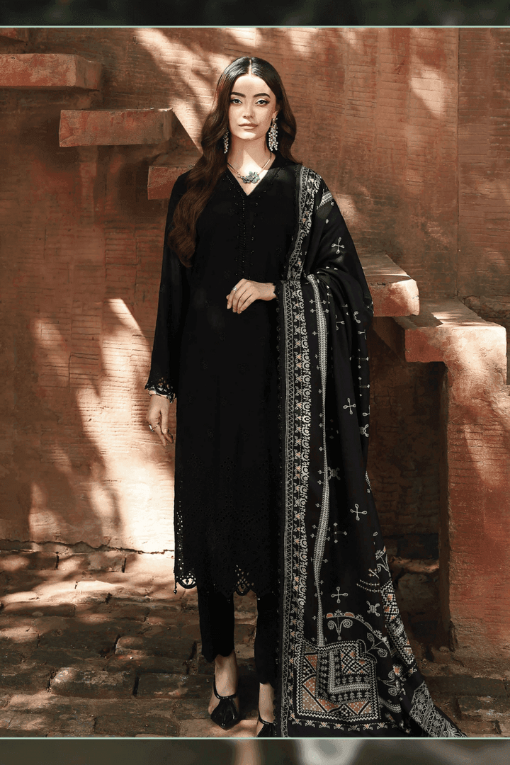 Shop AL-1128 - Pakistani Clothing Online featuring a black Dhanak fabric shirt with chikankari, paired with digital print wool shawl and scalloped trousers.