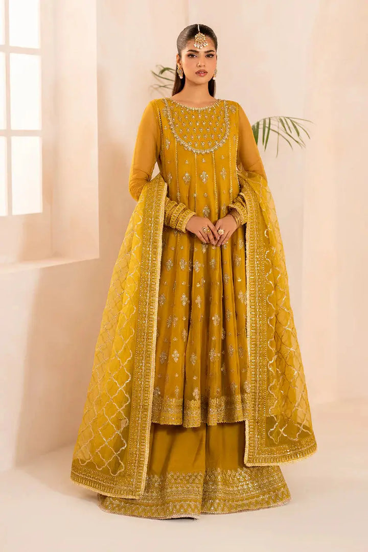 Baroque Chiffon Buy Pakistani Designer Wear online| EmbroideredChiffon mustard outfit with intricate embroidery, featuring shirt, pants, and dupatta.