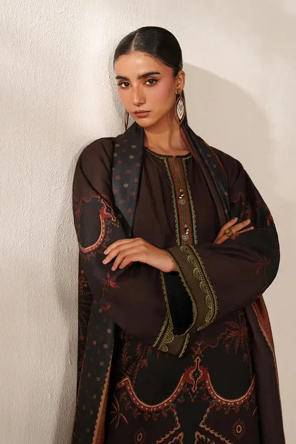Elegant embroidered black kurta with gold and red accents, paired with matching dupatta, modern ethnic wear for women