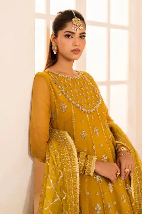 Model wearing Baroque chiffon designer outfit with statement jewelry, showcasing neckline embroidery and festive appeal.