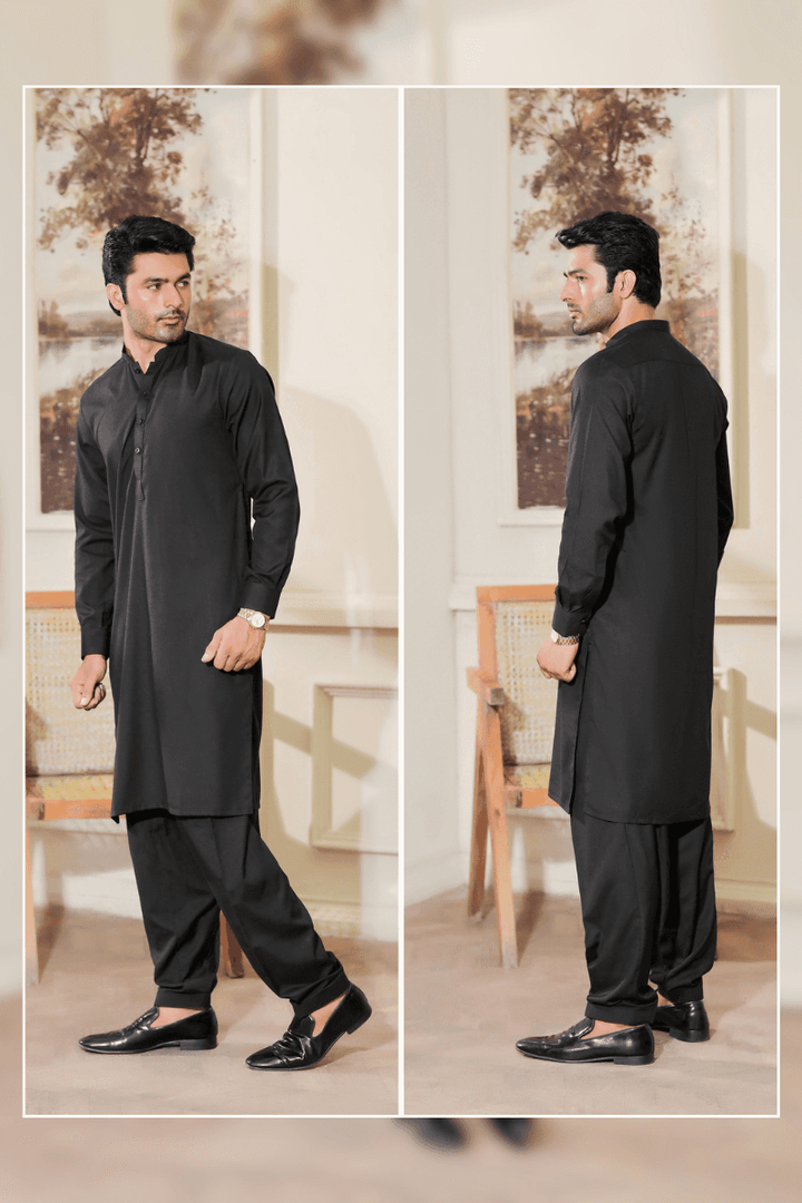 Front and back view of Exclusive MA-104 Black Kameez Shalwar with Ban Collar, tailored for a modern yet classic ethnic look.