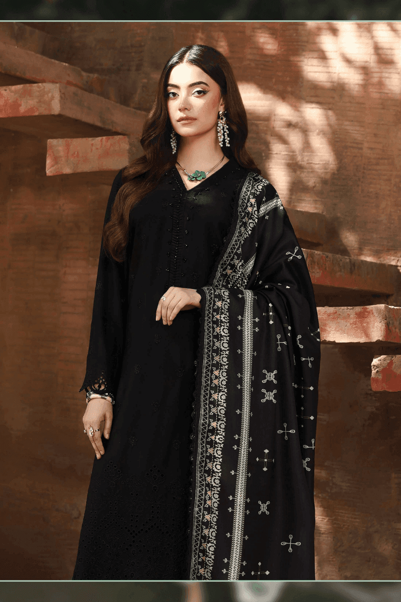 Pakistani outfit AL-1128 in black with intricate chikankari on shirt and digitally printed wool dupatta, ideal for winter festive wear.