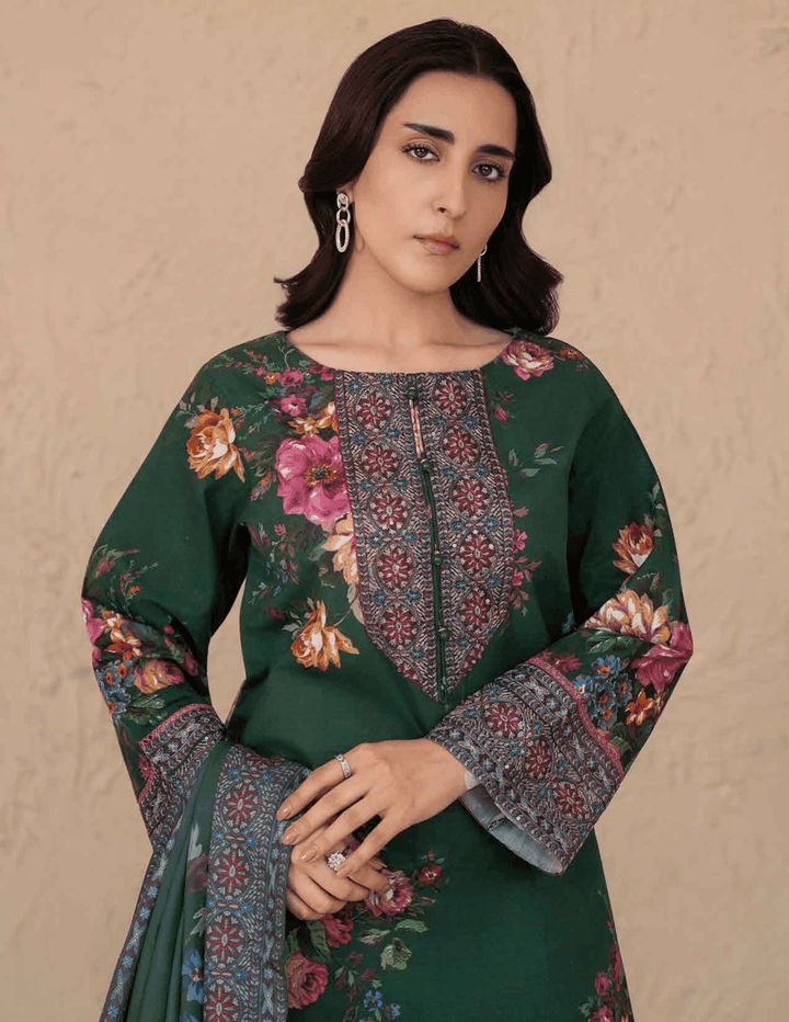 Close-up of RANGREZA ML-195-5401 bottle green kurta with intricate neckline and sleeve detailing, part of 3 piece Pakistani winter set.