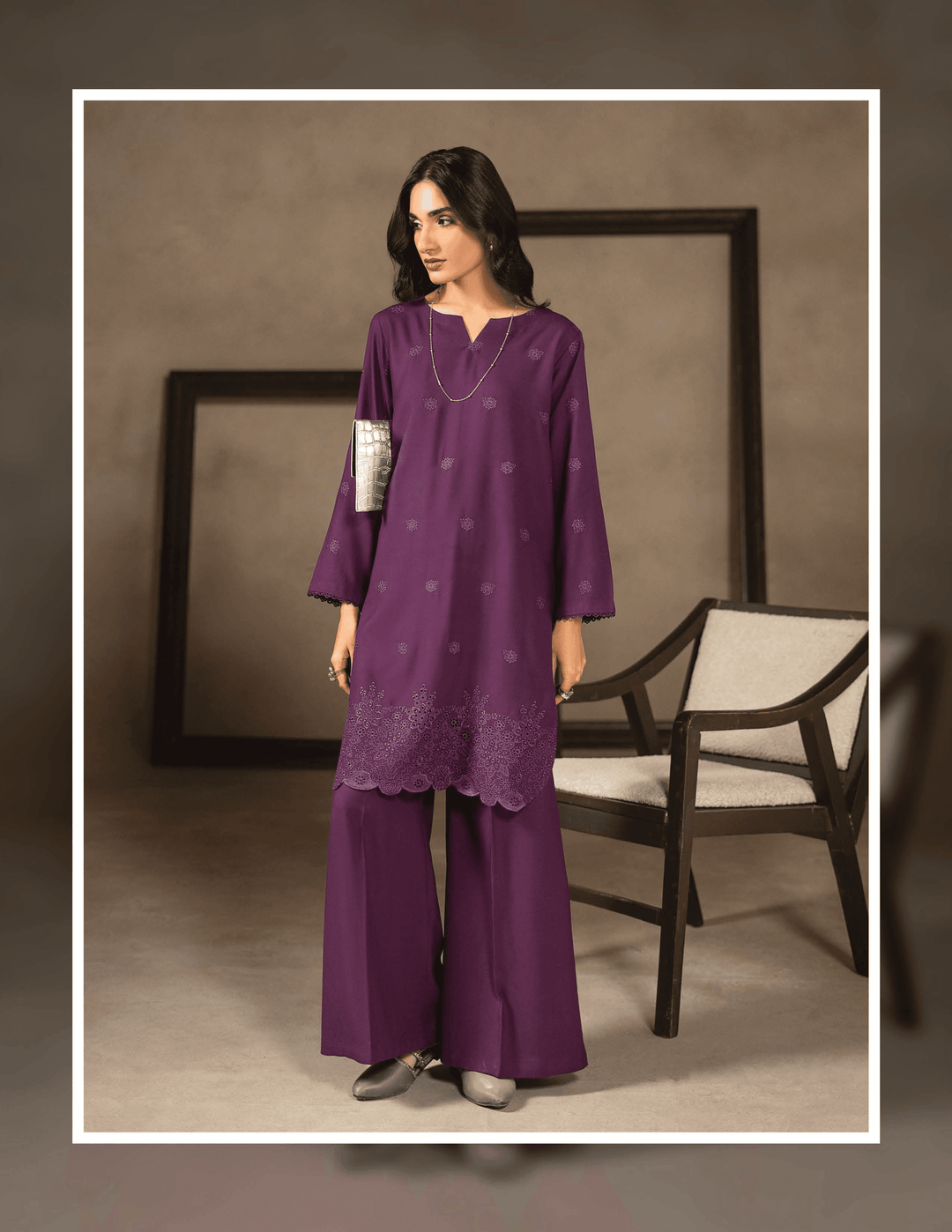 RANGREZA EA-45-38 two piece set in deep purple Dhanak fabric with embroidered kurta and wide-leg trousers, ideal for winter daily wear.
